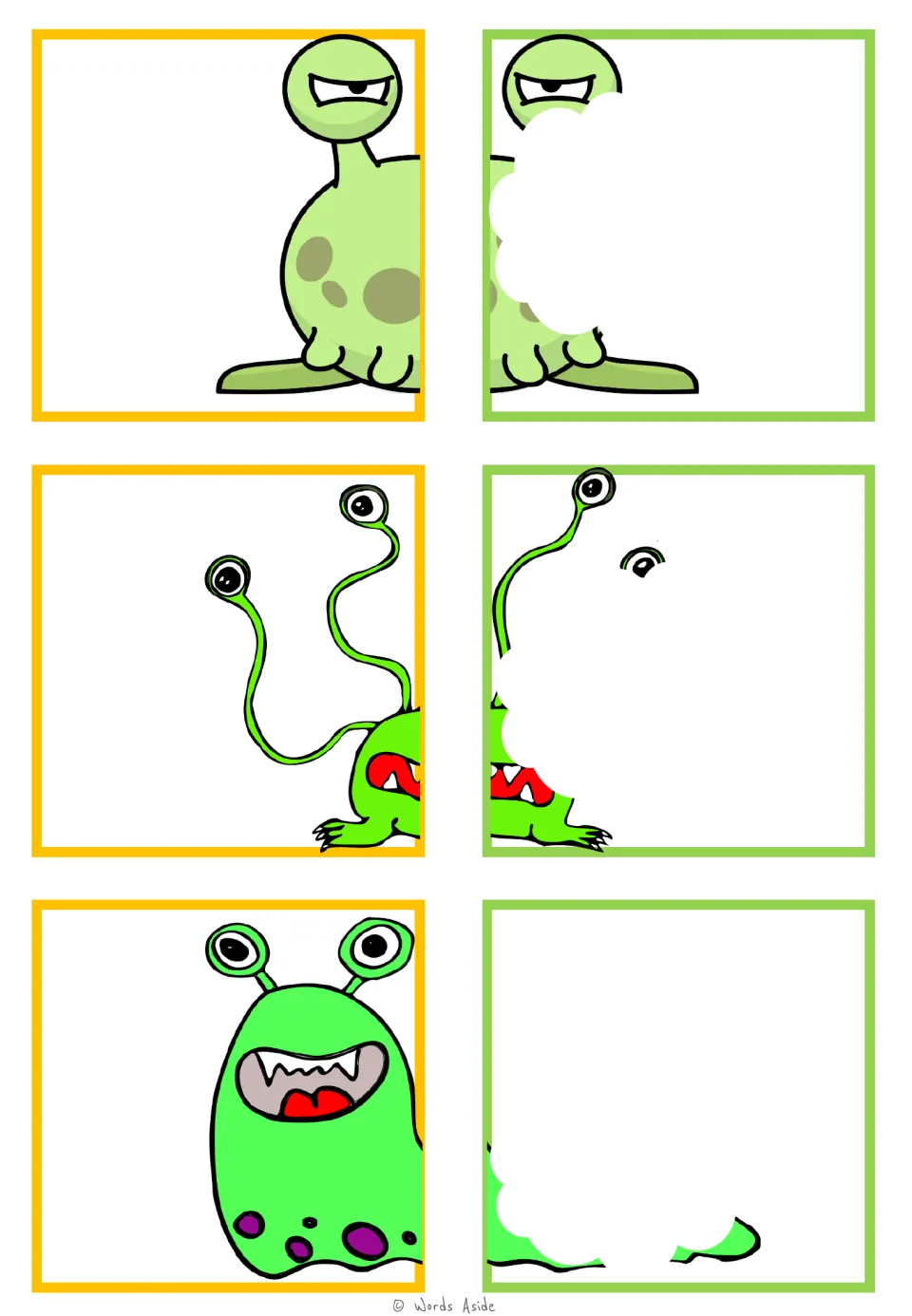 Visual closure matching cards: three green monster half pairs with eye stalks, spots, and parts hidden