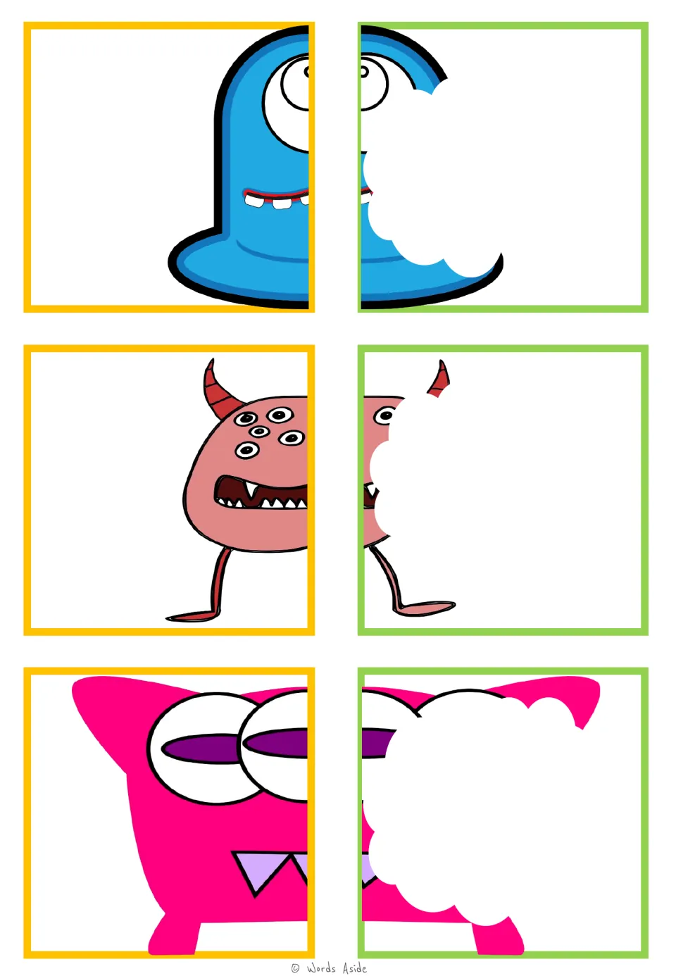 Visual closure matching cards: blue one-eyed, pink many-eyed, and bright pink monster half-picture pairs