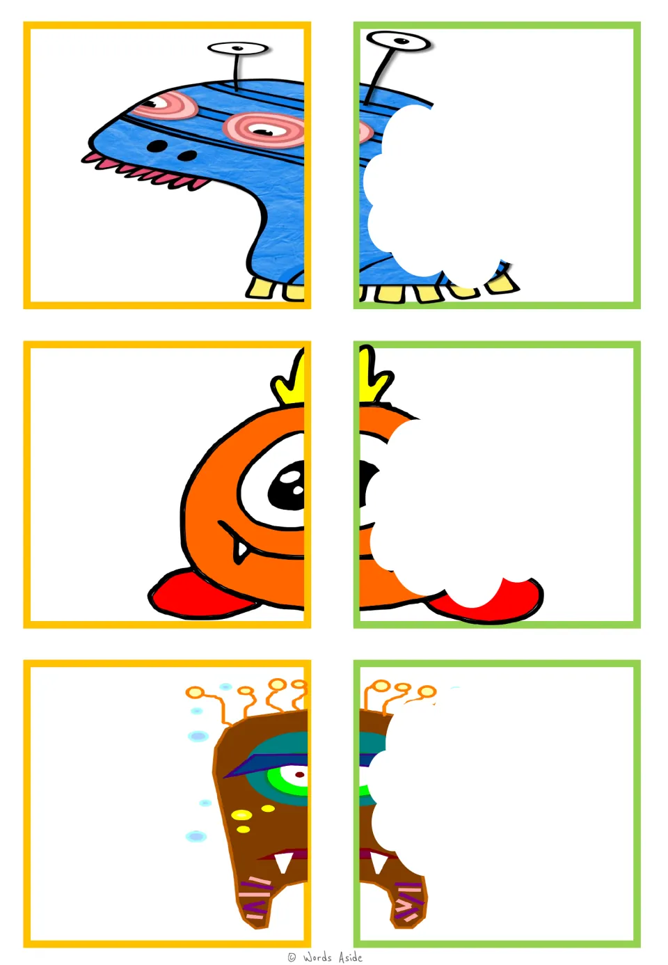 Visual closure matching cards: blue striped, orange one-eyed, and brown fanged monster half-picture pairs
