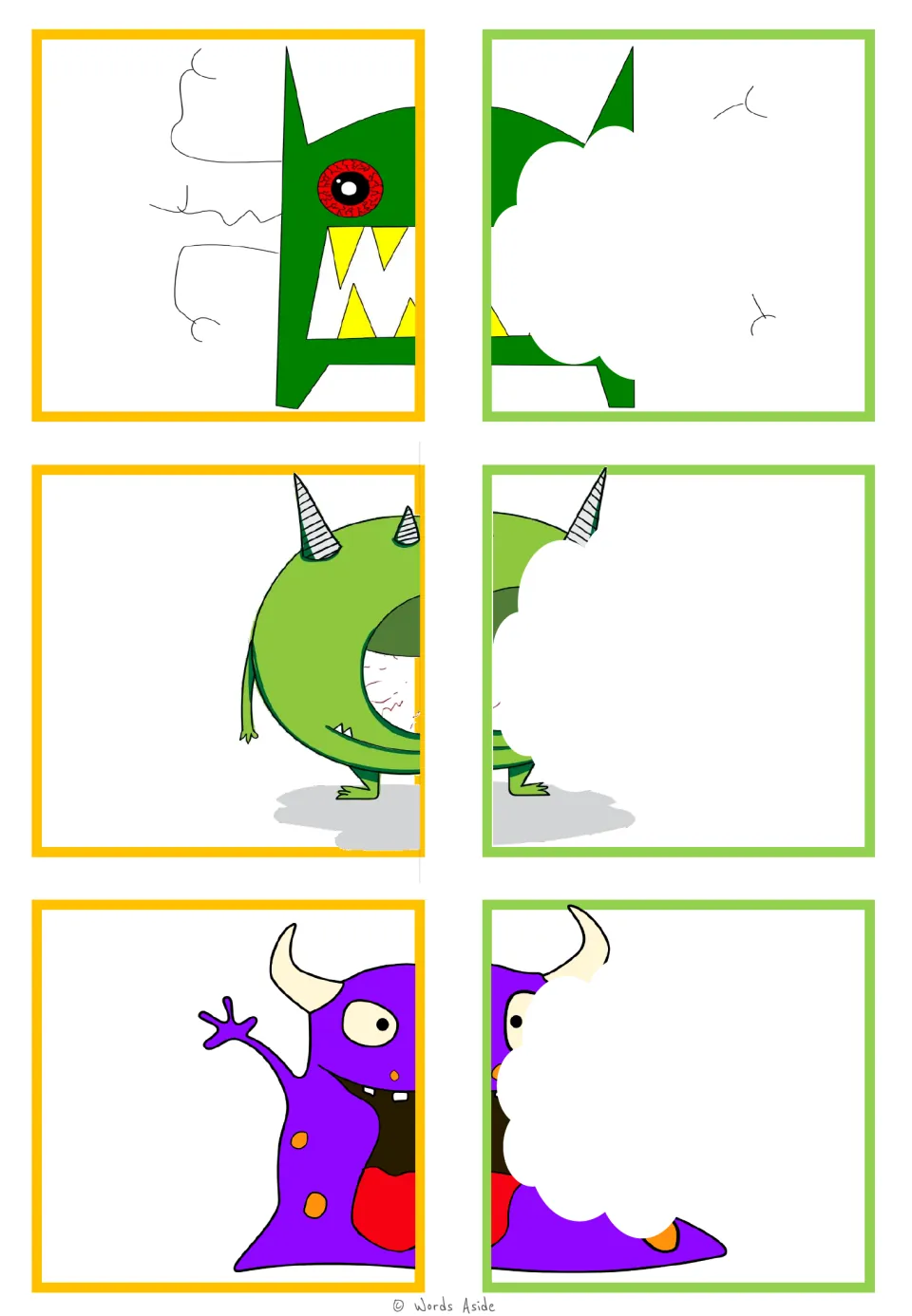 Visual closure matching cards: angular green, round green horned, and purple spotted monster half pairs