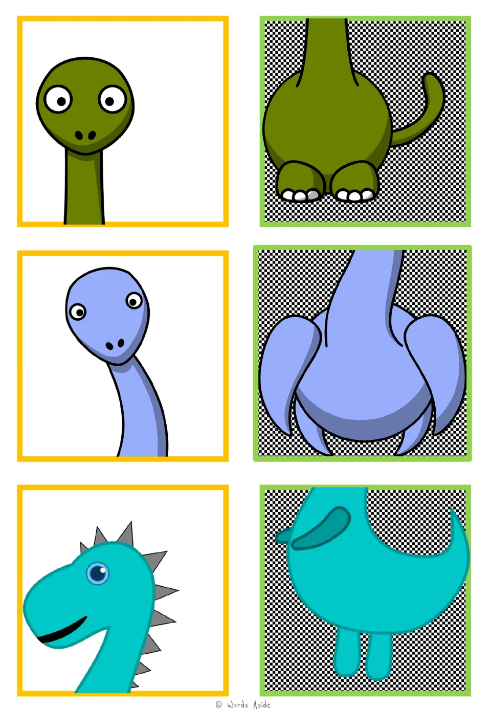 Dinosaur matching cards 1–6 show head and body halves of green, lavender, and turquoise creatures.