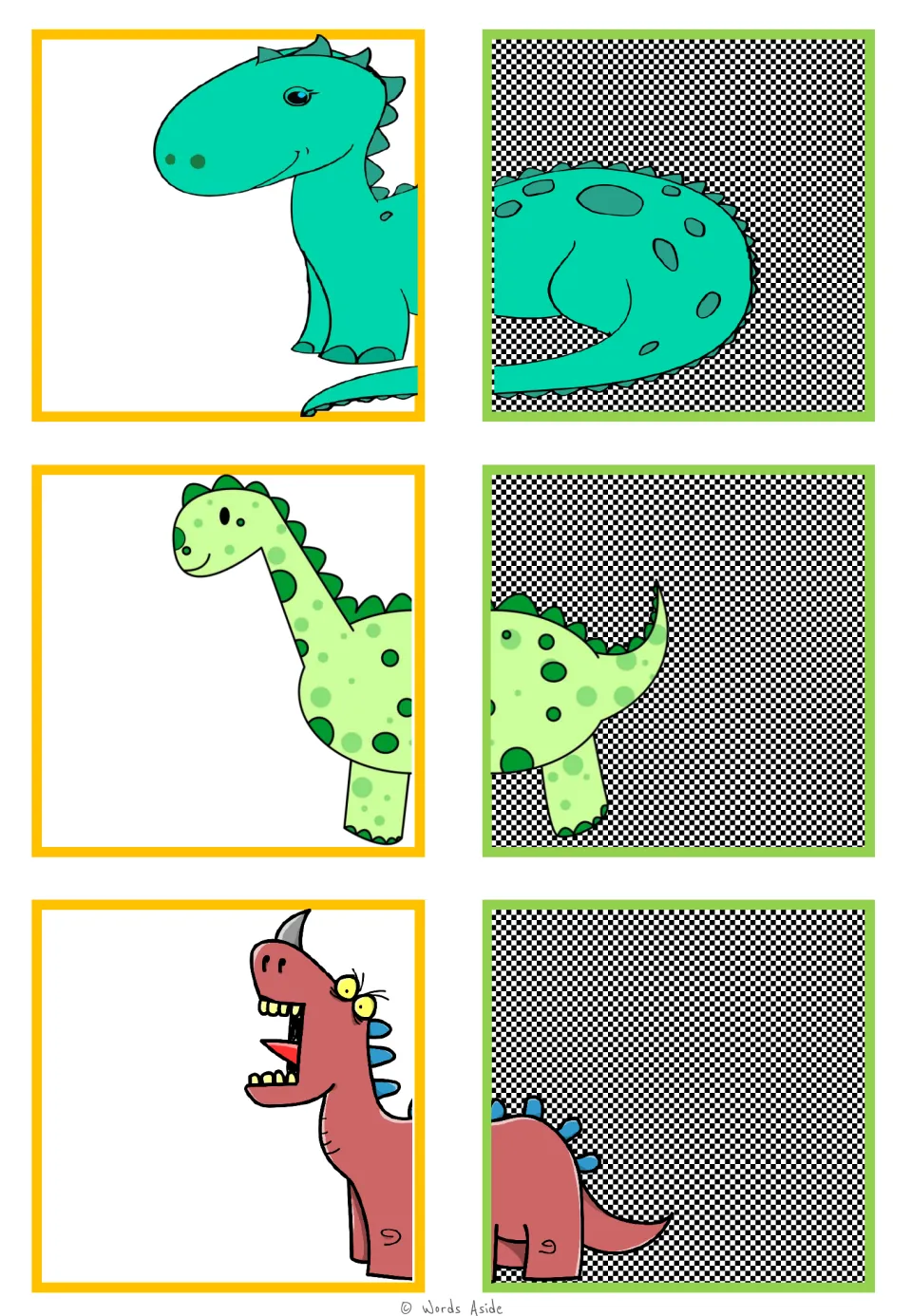 Dinosaur matching cards 7–12 pair halves of a teal dinosaur, a spotted light green one, and a red one.