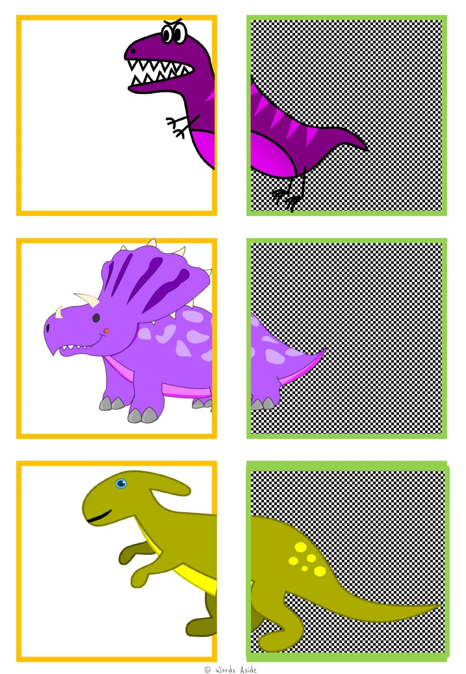 Dinosaur matching cards 13–18 pair halves of a purple sharp-toothed dinosaur, a horned one, and a crested one.