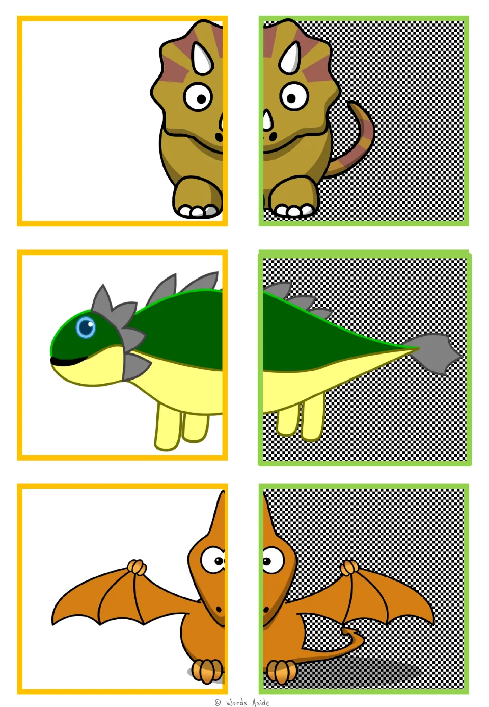 Dinosaur matching cards 19–24 show paired halves of a brown horned dinosaur, a green armored one, and a flyer.