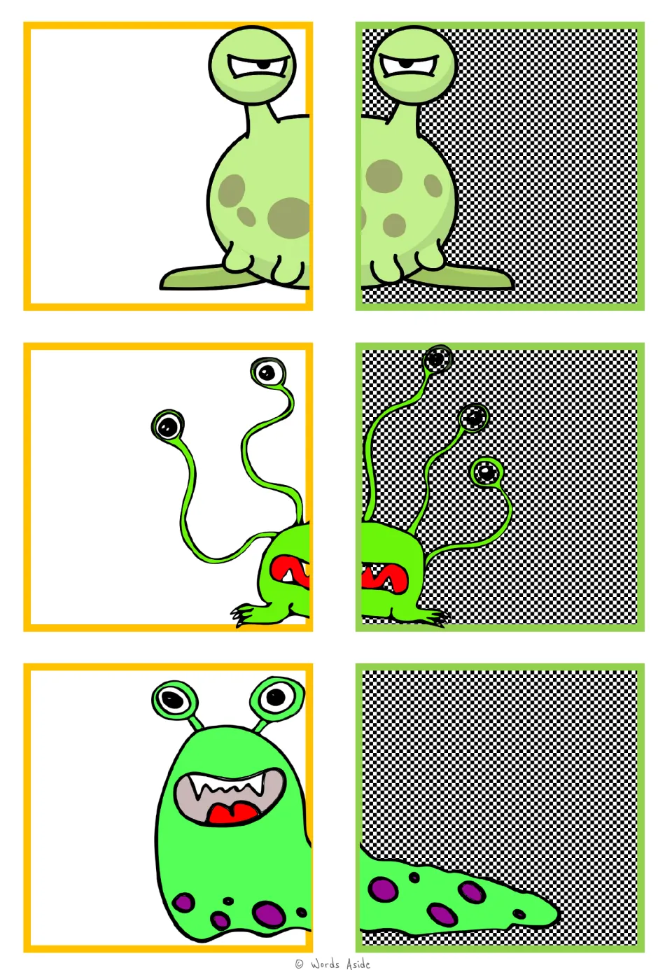 Monster matching cards 1–6 pair halves of three green creatures with a raised eye, eye stalks, or purple spots.