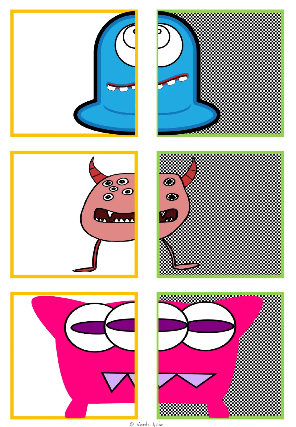 Monster matching cards 7–12 pair halves of a blue one-eyed monster, a red horned one, and a pink four-eyed one.