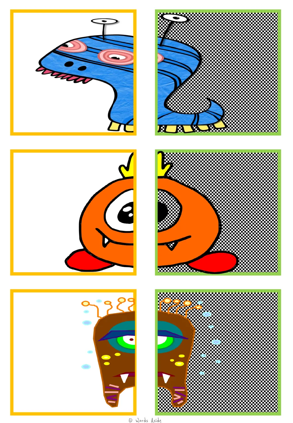 Monster matching cards 13–18 pair halves of a blue striped creature, an orange cyclops, and a brown fanged one.