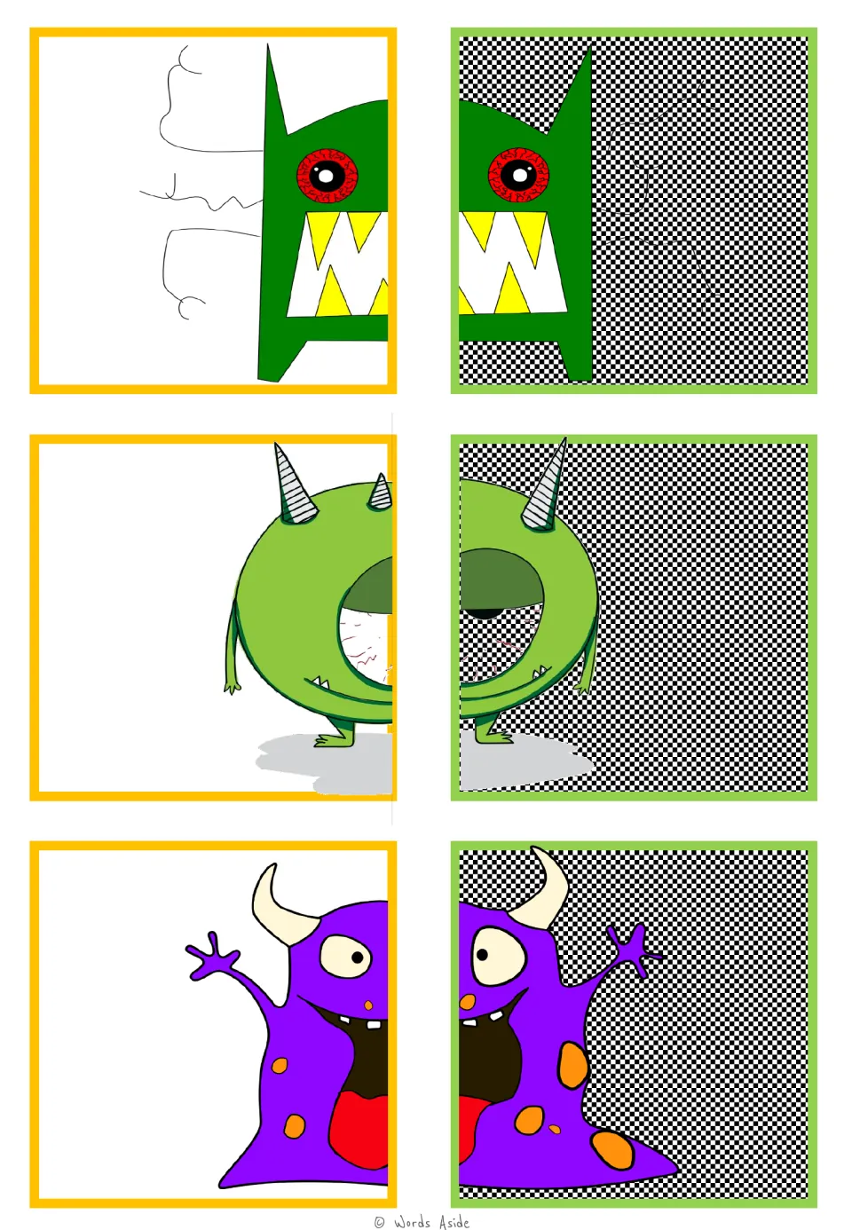 Monster matching cards 19–24 pair halves of an angular green monster, a round green one, and a purple horned one.