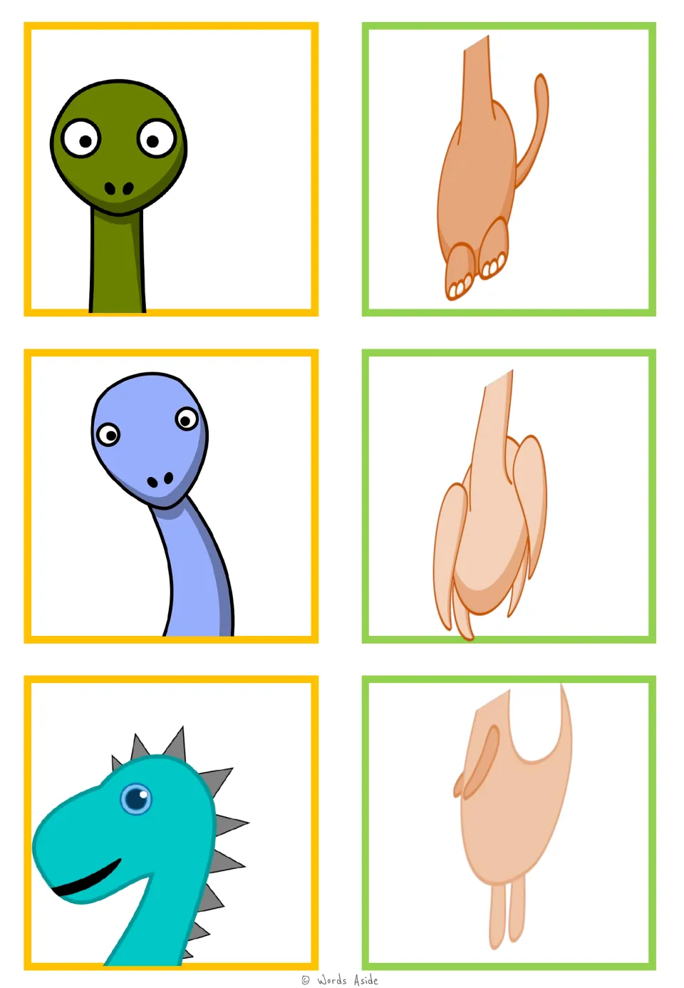 Dinosaur matching cards 1–6: green and purple long-necked heads, a teal spiky head, and three body halves