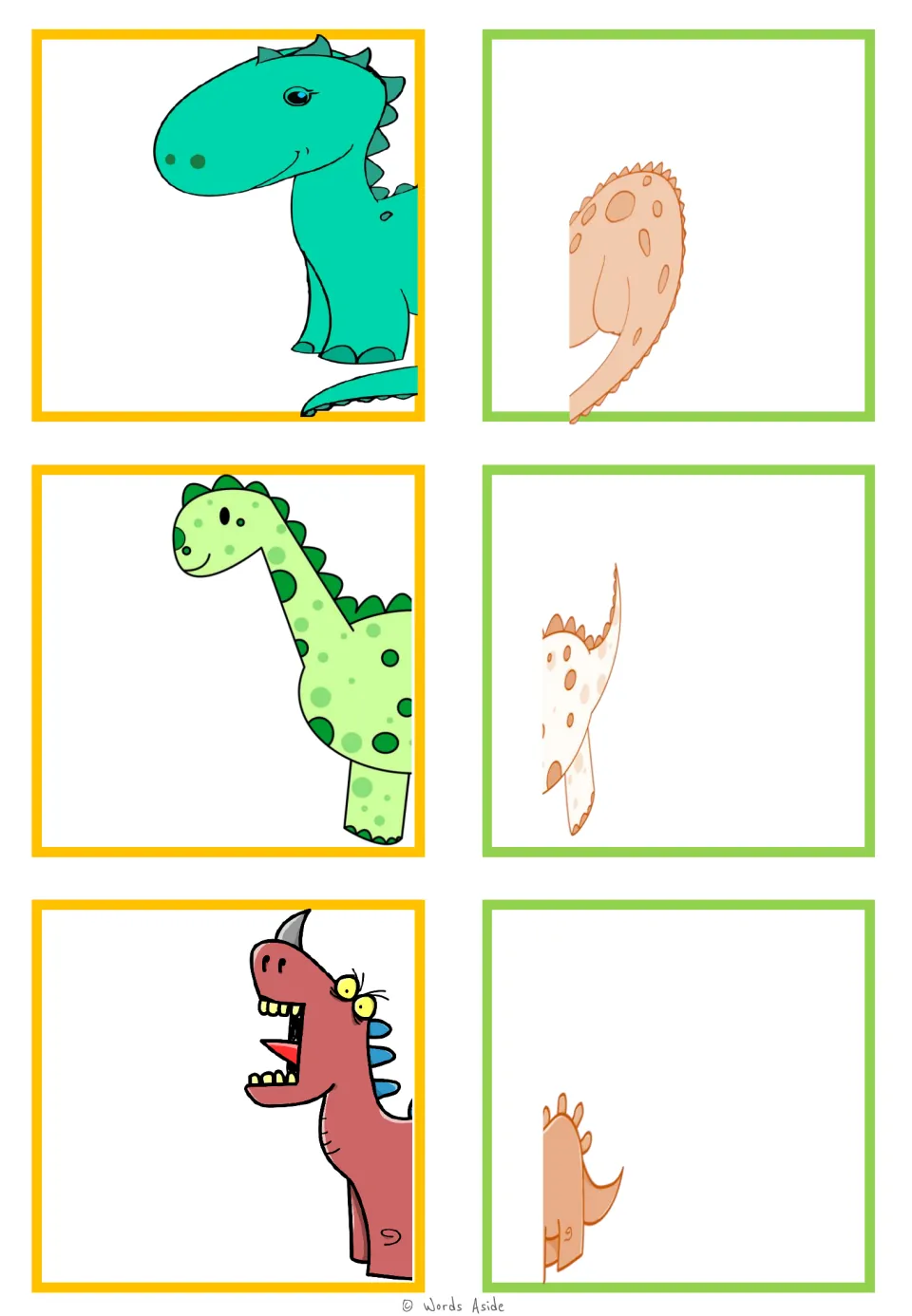 Dinosaur matching cards 7–12: a teal dinosaur, a spotted green long-neck, and a red horned dinosaur in halves