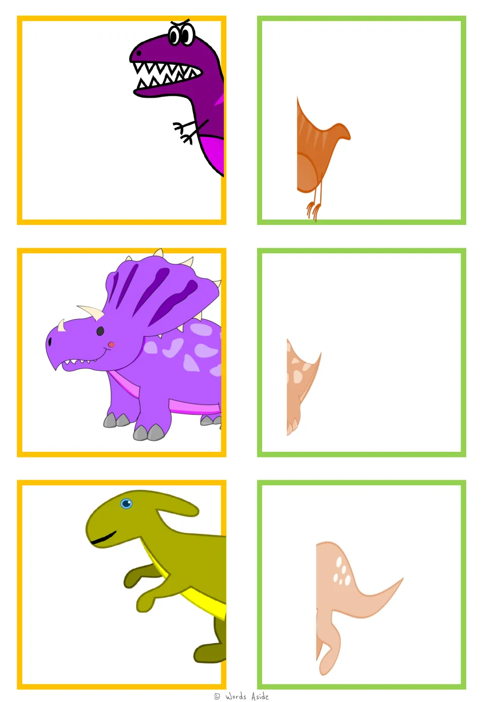 Dinosaur matching cards 13–18: a purple sharp-toothed dinosaur, a purple triceratops, and a crested dinosaur