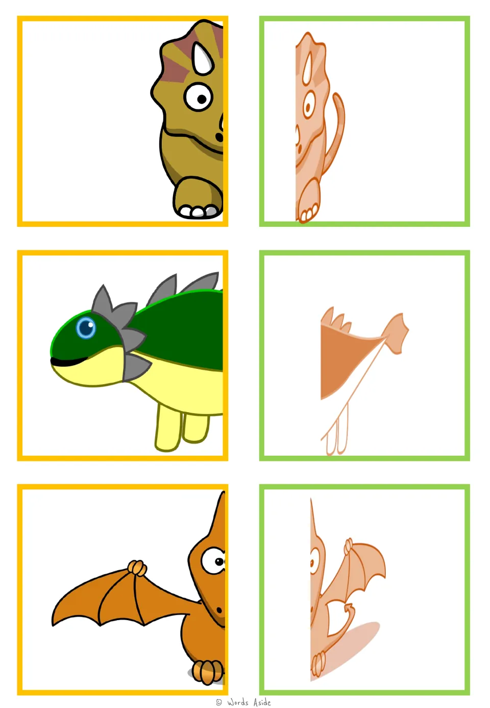 Dinosaur matching cards 19–24: a brown horned dinosaur, a green plated dinosaur, and an orange winged reptile
