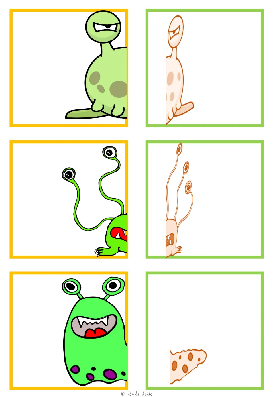 Monster matching cards 1–6: a pale green one-eyed creature, a monster with long eyestalks, and a spotted blob