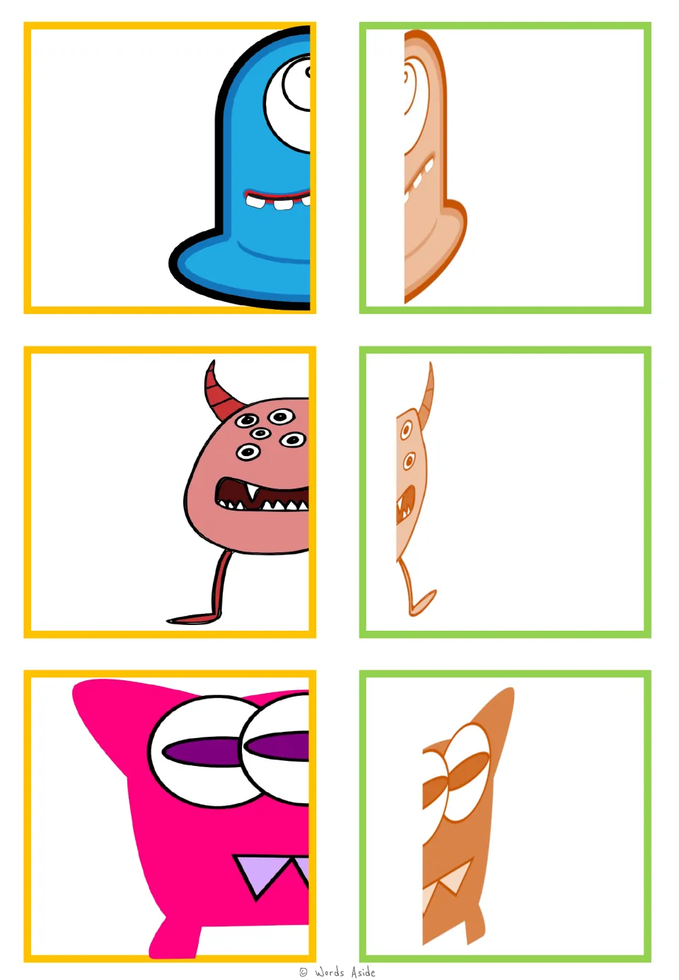 Monster matching cards 7–12: a blue one-eyed monster, a red many-eyed horned monster, and a pink fanged monster