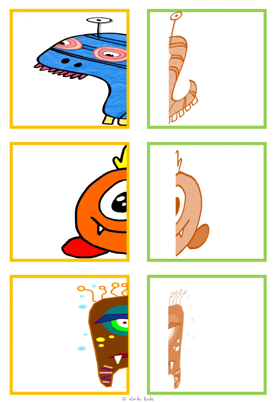 Monster matching cards 13–18: a blue striped creature, an orange one-eyed monster, and a brown antennaed monster