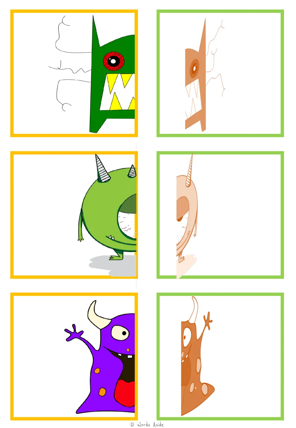 Monster matching cards 19–24: an angular green monster, a round green horned monster, and a purple spotted monster