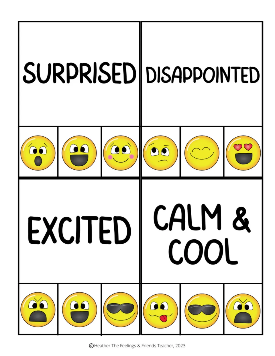 Feeling words surprised, disappointed, excited and calm & cool: students clip the emoji face that matches each word