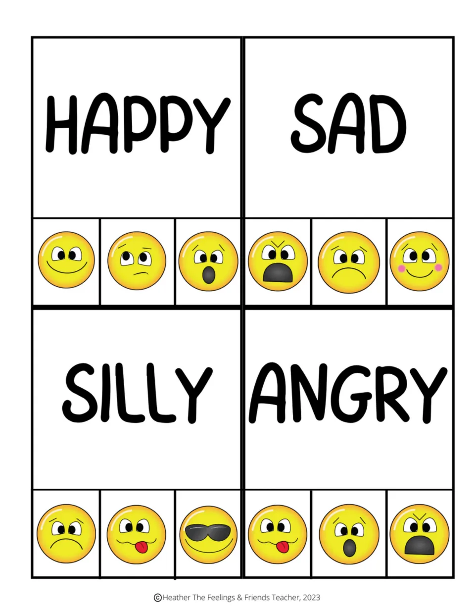 Happy, sad, silly and angry word cards in color: students identify feelings by clipping the matching emoji from three