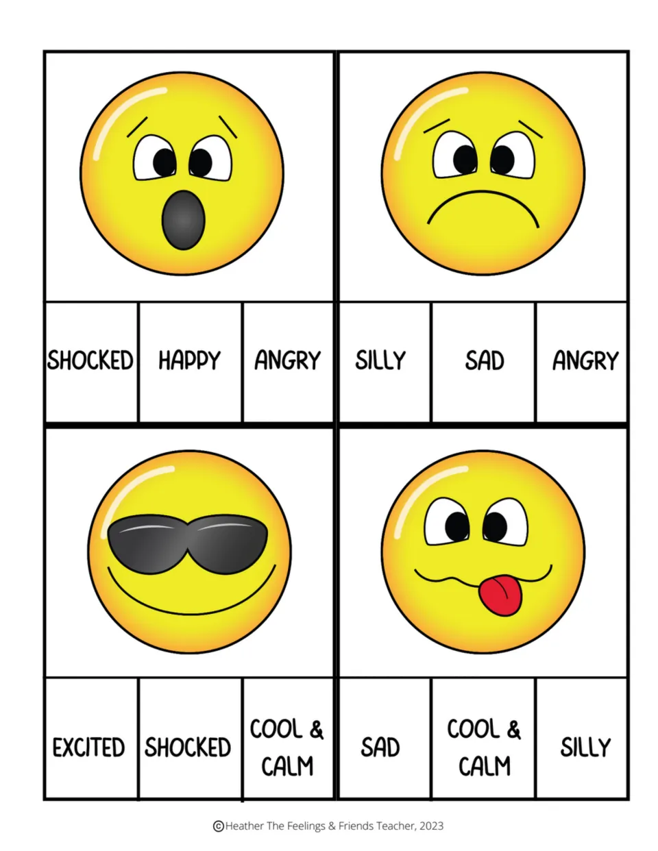 Color emoji face cards (shocked, sad, sunglasses, tongue out): students clip the emotion word that names each face