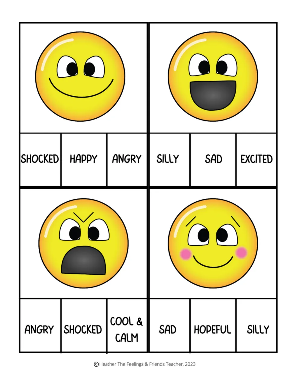 Smiling, excited, angry and blushing emoji cards in color: students choose and clip the word, including hopeful, for each