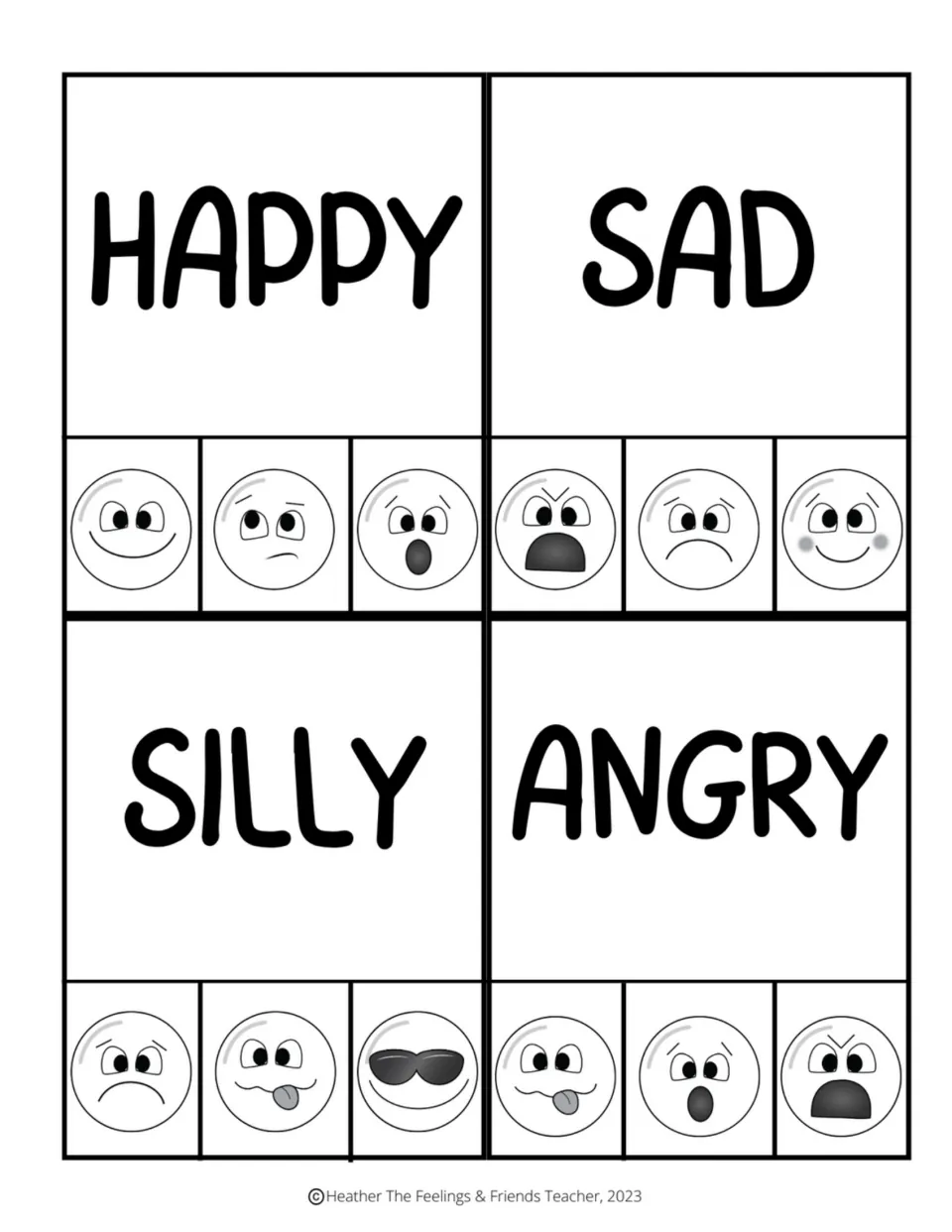 Black-and-white happy, sad, silly and angry cards: students match each feeling word by clipping one of three emoji faces