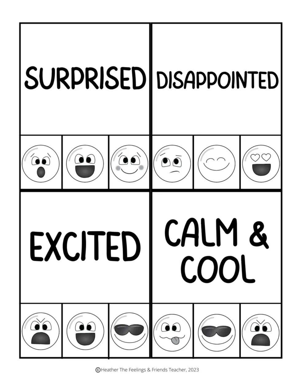 Grayscale surprised, disappointed, excited and calm & cool word cards: students clip the face showing each feeling