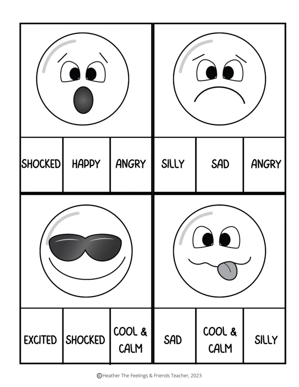 Grayscale shocked, sad, cool and silly emoji face cards: students recognize each emotion and clip the matching word