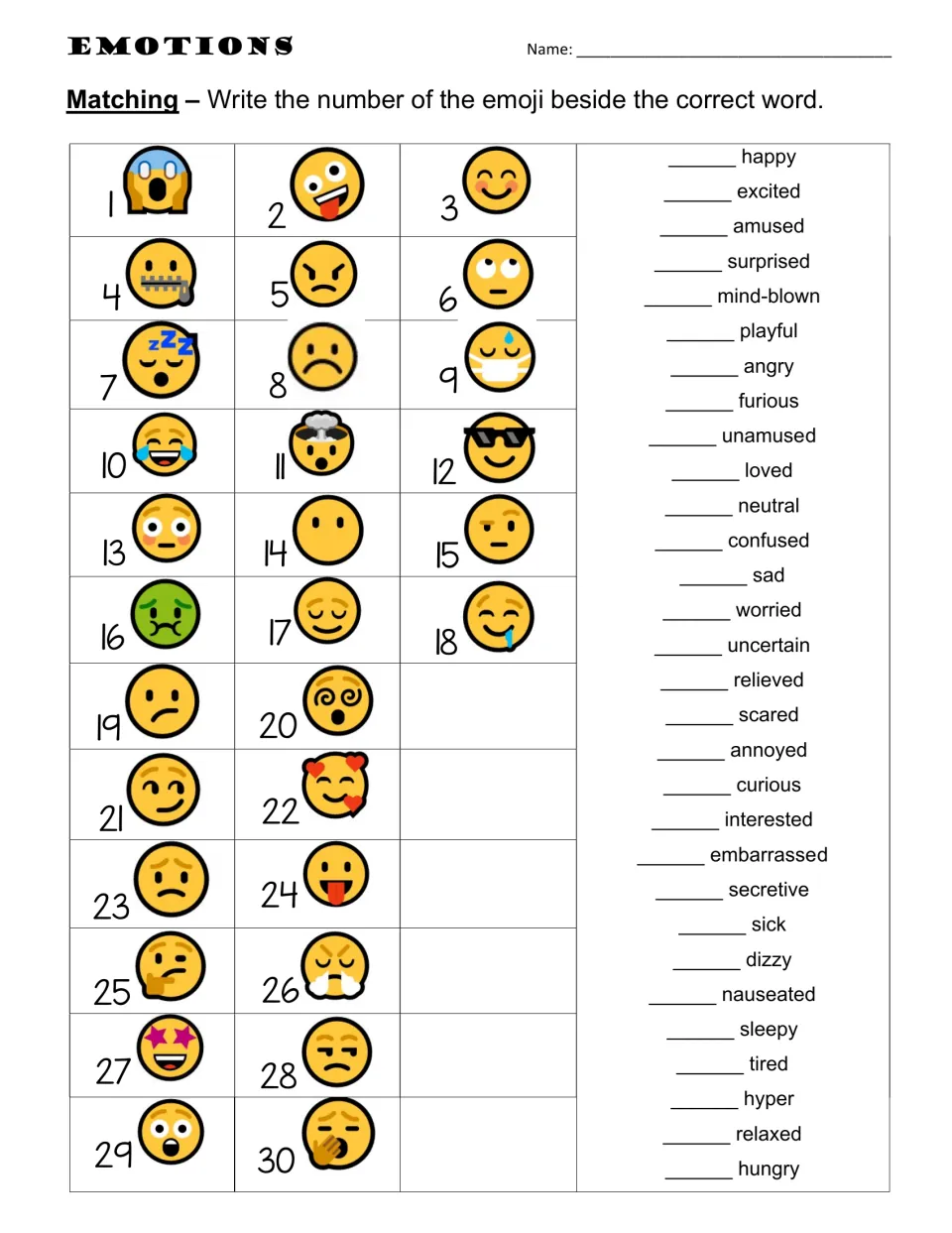Emotions matching: students write the number of each of 30 numbered emojis beside words like happy, furious and nauseated