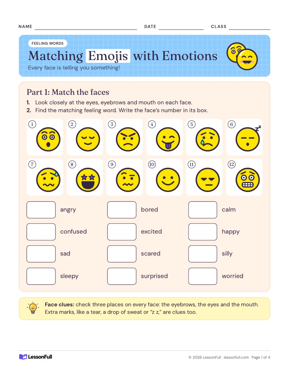 Part 1 Match the faces: students write the number of each of 12 emoji faces beside feelings like angry or calm