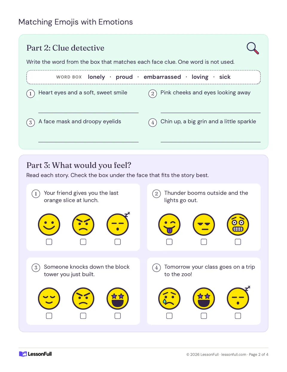 Clue detective: match face clues to words like proud or sick, then pick the face that fits four short stories