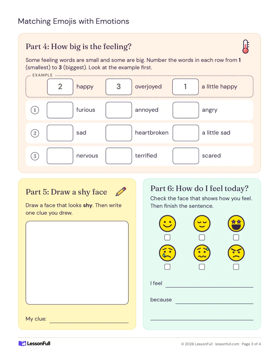 How big is the feeling: rank words from annoyed to furious, then draw a shy face and pick today's feeling face