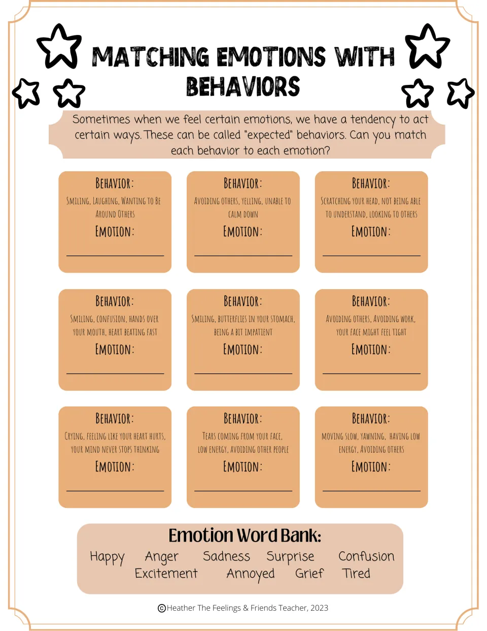 Emotion matching worksheet: nine behavior descriptions and a word bank including happy, anger, and sadness