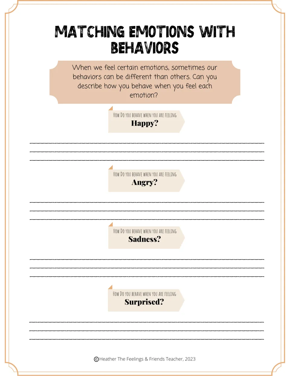First reflection worksheet asks how students behave when feeling happy, angry, sadness, and surprised