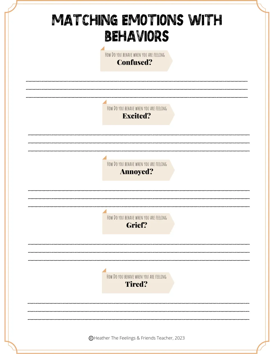 Second reflection worksheet asks about behavior when feeling confused, excited, annoyed, grief, and tired