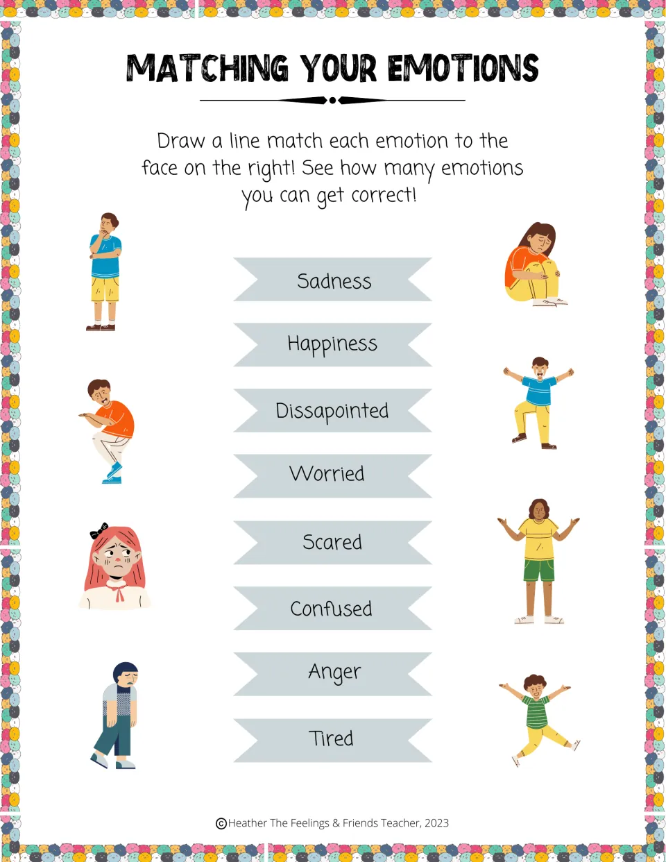 Emotion matching: students draw lines from eight feeling words like sadness, worried and tired to children's expressions