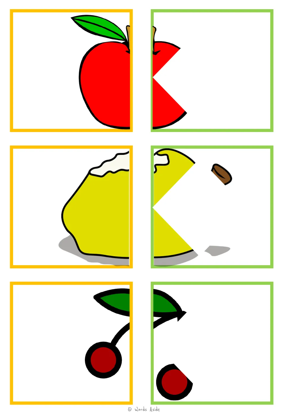 Food-halves matching cards 1–6: apple, lemon, and cherries, each paired with a partially hidden food half