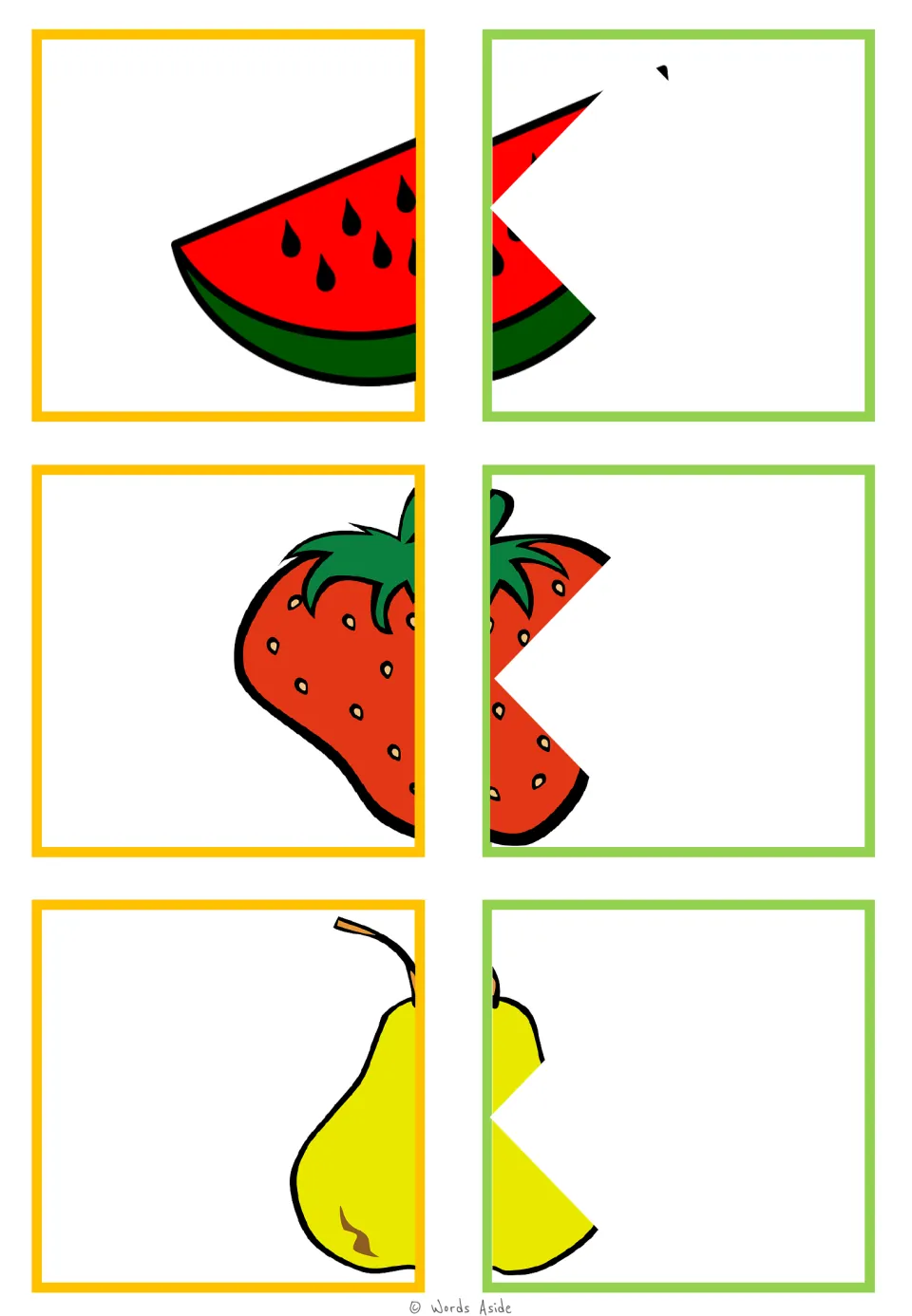 Food-halves matching cards 7–12: watermelon, strawberry, and pear pairs for visual closure practice