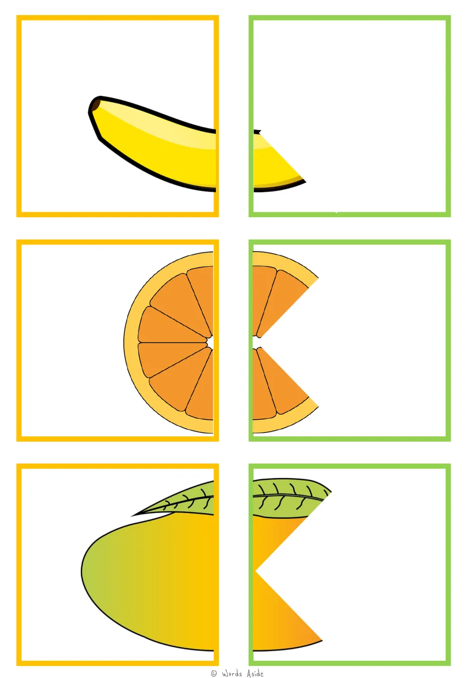 Food-halves matching cards 13–18: banana, orange slice, and mango pairs for visual closure practice