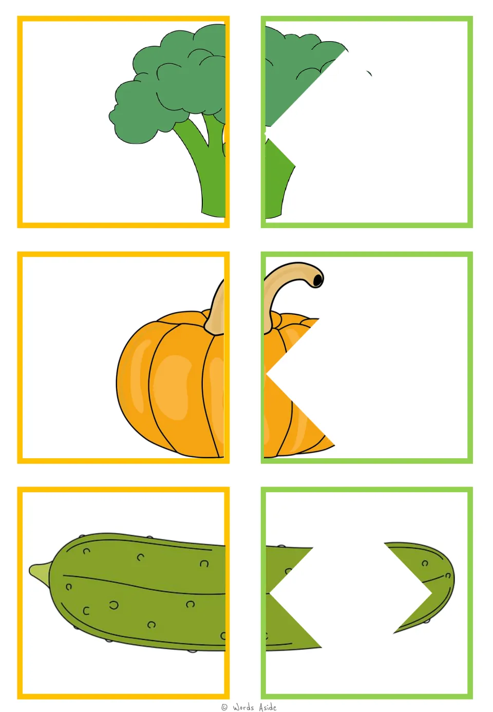 Food-halves matching cards 19–24: broccoli, pumpkin, and cucumber pairs for visual closure practice