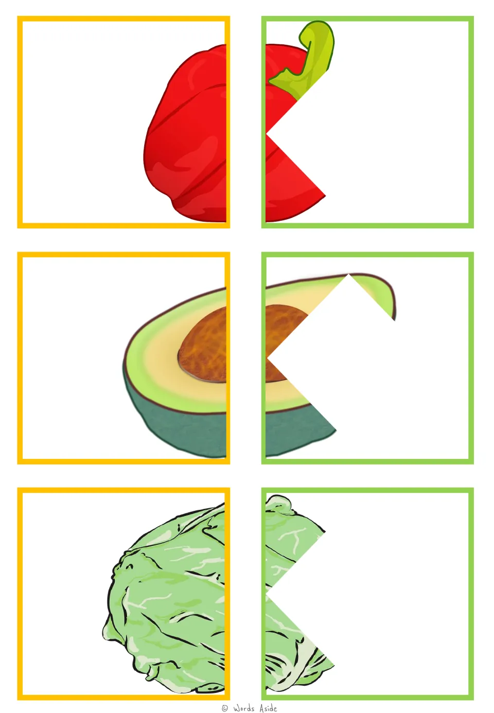 Food-halves matching cards 25–30: red bell pepper, avocado, and lettuce pairs for visual closure practice
