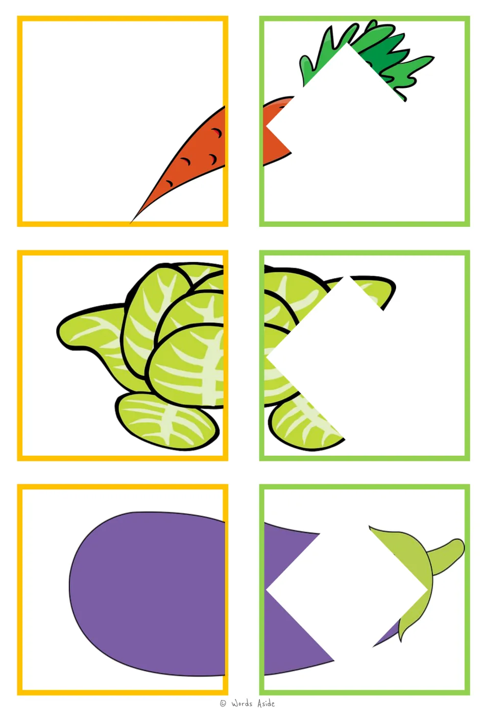 Food-halves matching cards 31–36: carrot, leafy greens, and eggplant pairs for visual closure practice