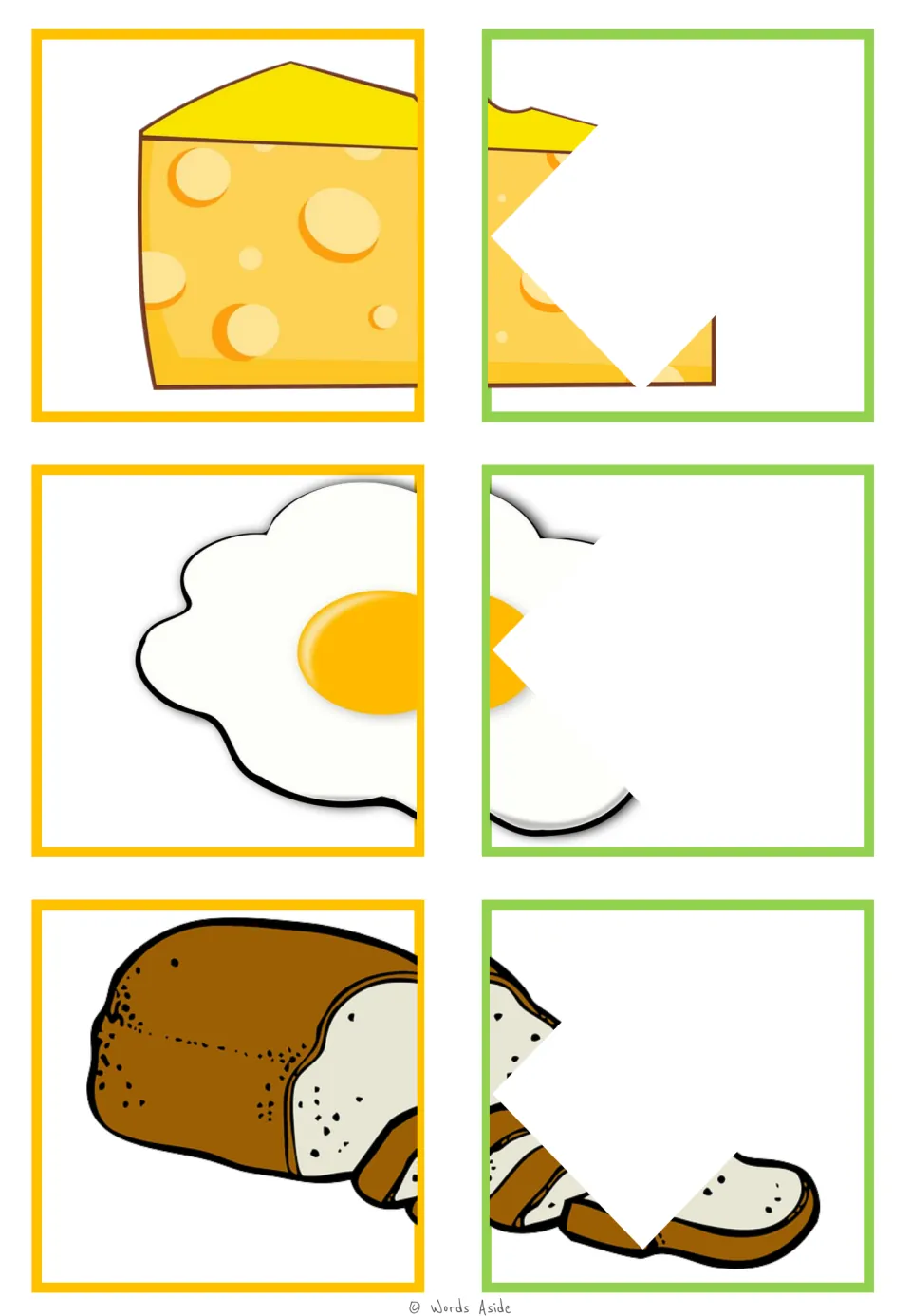Food-halves matching cards 37–42: cheese, fried egg, and sliced bread pairs for visual closure practice