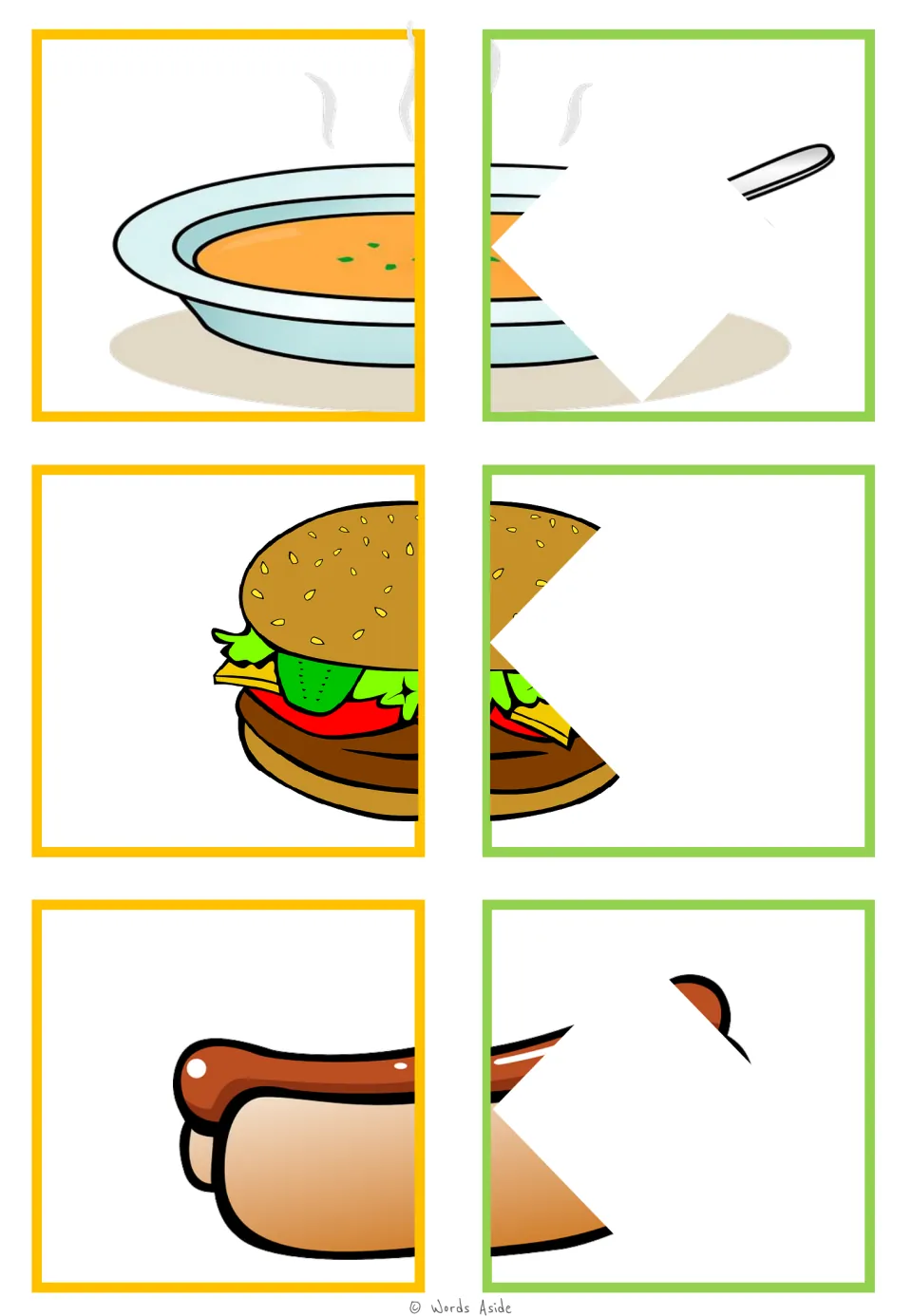 Food-halves matching cards 43–48: soup, hamburger, and hot dog pairs with portions of the food halves hidden