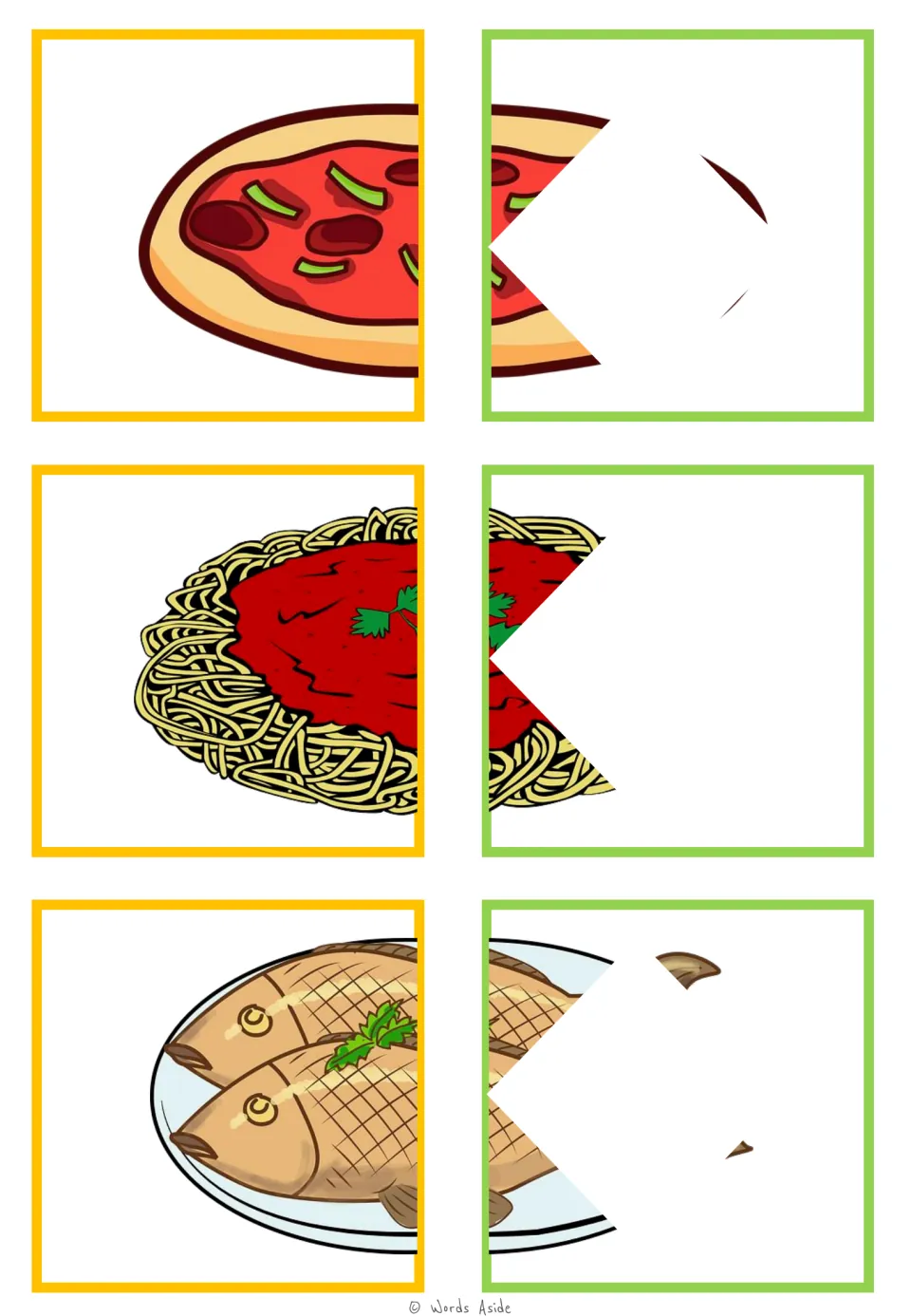Food-halves matching cards 49–54: pizza, spaghetti, and cooked fish pairs for visual closure practice