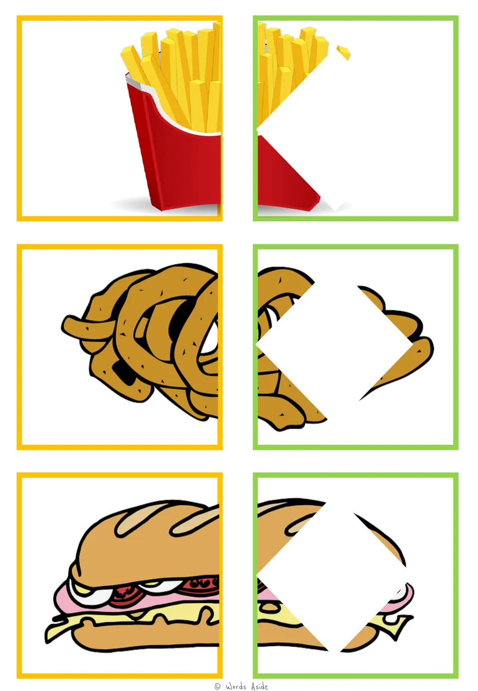 Food-halves matching cards 55–60: French fries, onion rings, and sandwich pairs for visual closure practice