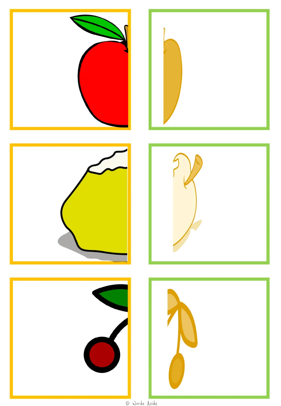 Food-half matching cards 1–6: three fruit pairs, including an apple and cherries, in color and pale yellow