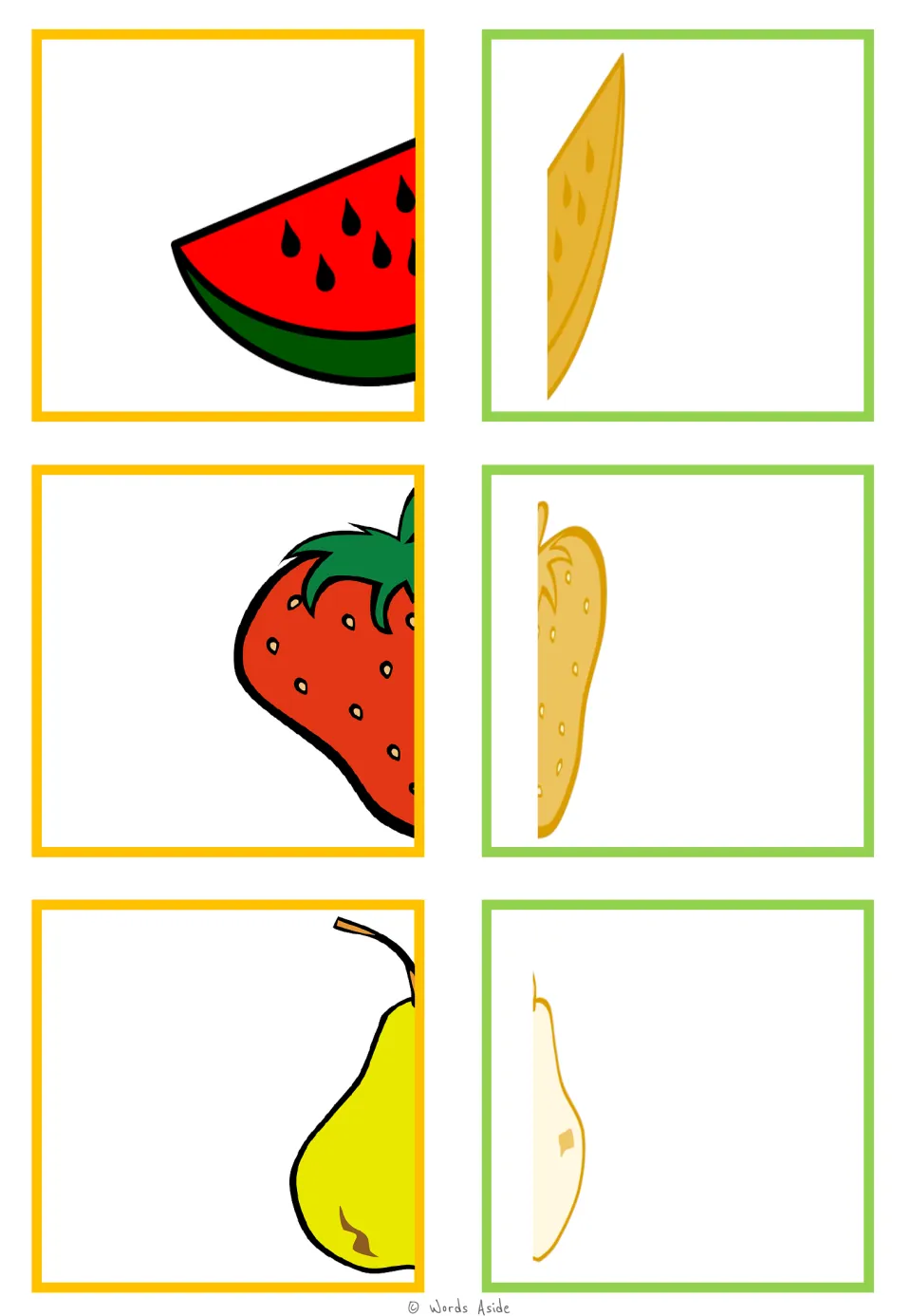 Food-half matching cards 7–12: watermelon, strawberry, and pear halves paired in color and pale yellow