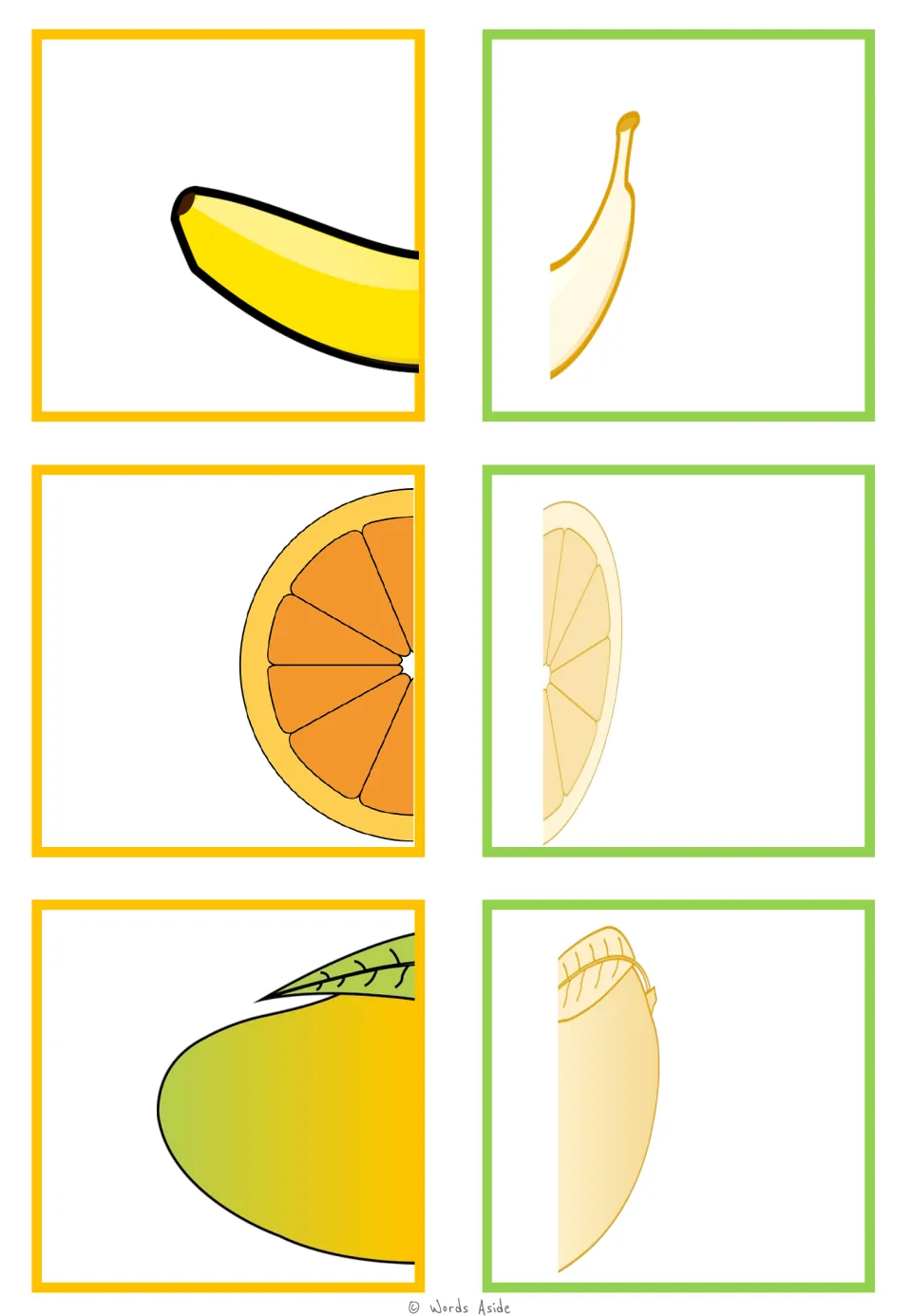 Food-half matching cards 13–18: banana, orange slice, and mango halves paired in color and pale yellow