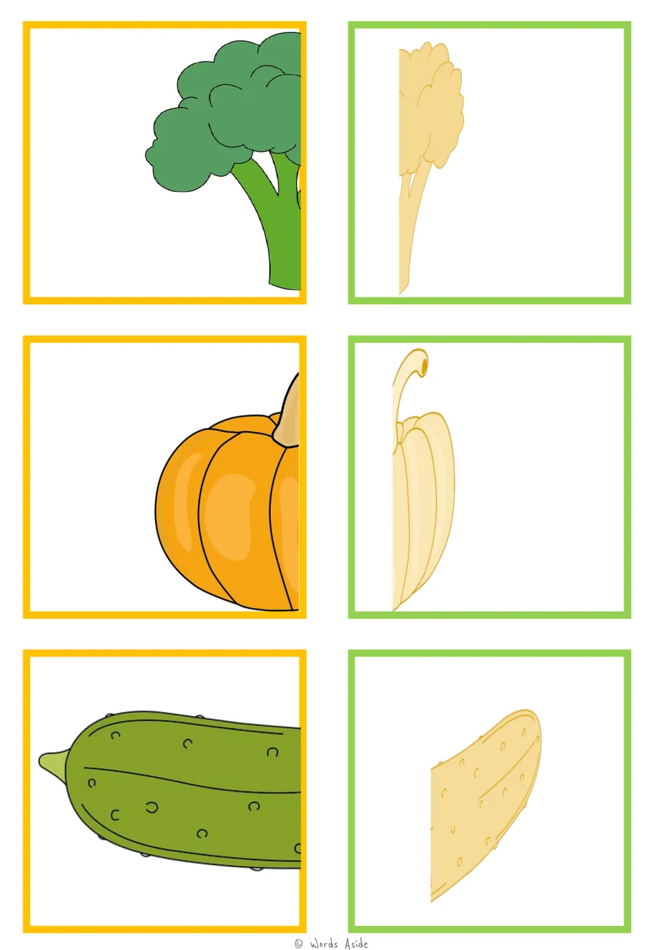 Food-half matching cards 19–24: broccoli, pumpkin, and cucumber halves paired in color and pale yellow