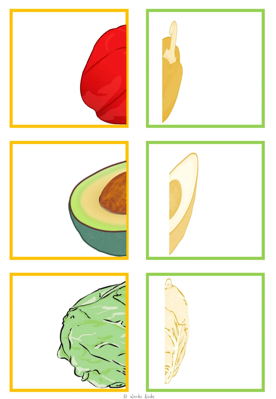 Food-half matching cards 25–30: bell pepper, avocado, and lettuce halves paired in color and pale yellow